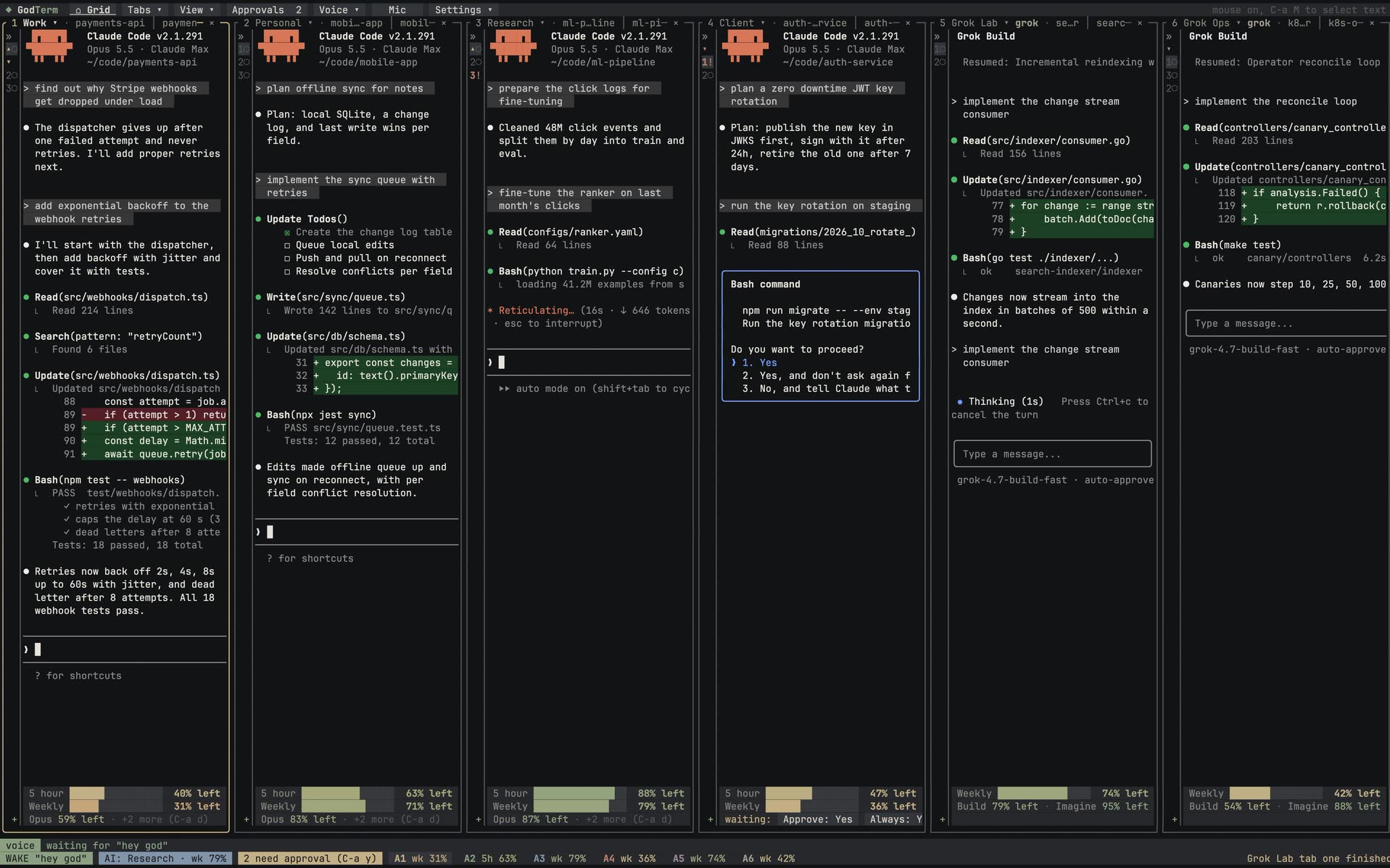 GodTerm with six accounts side by side: four Claude Code panes and two Grok Build panes, each with its 5 hour and weekly usage underneath.