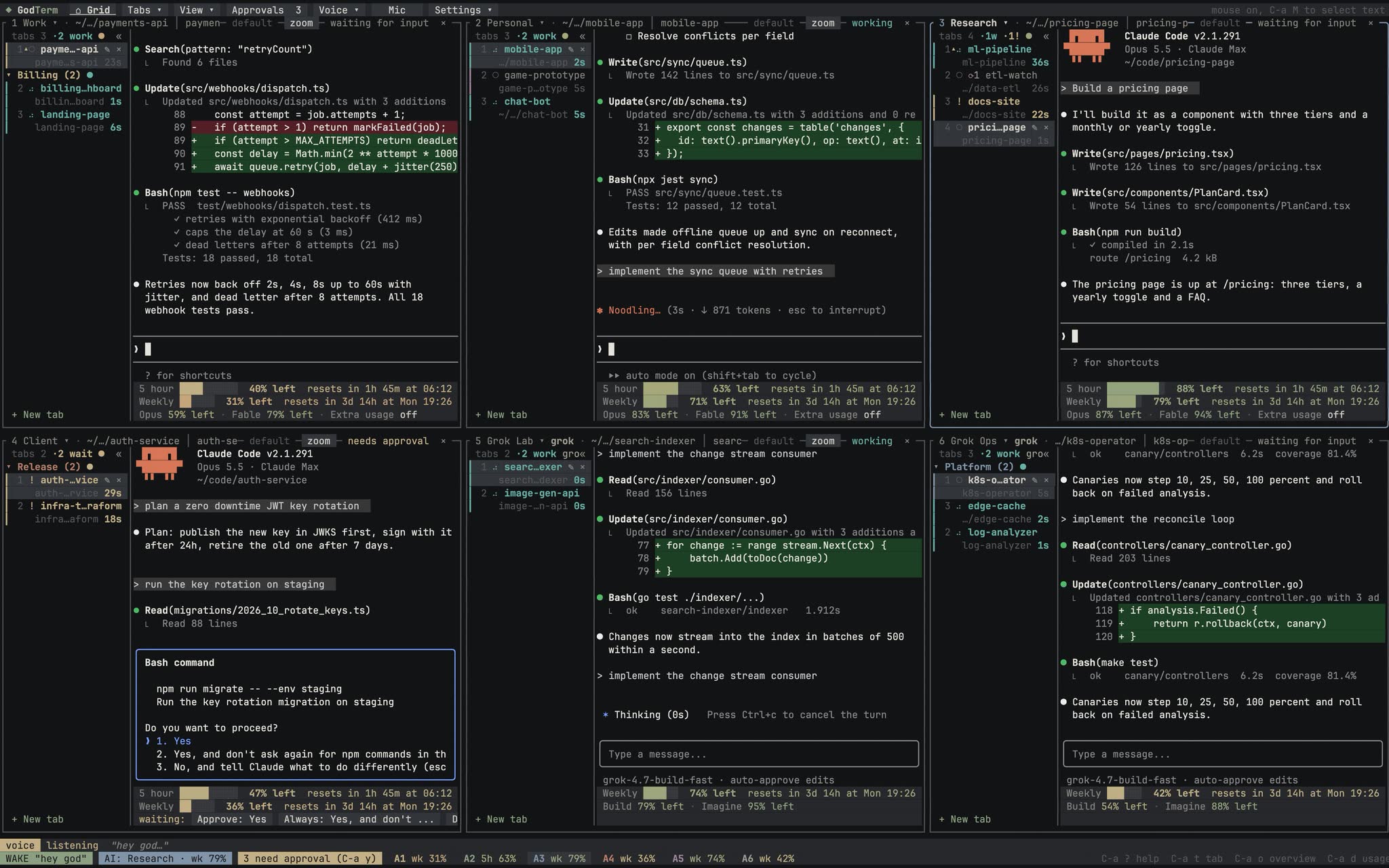 A six pane GodTerm grid with tab groups on the left of each pane and usage bars under every account.