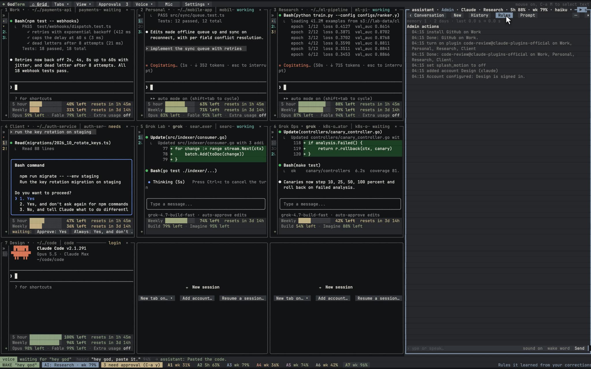 The GodTerm assistant panel docked beside the grid, listing the admin actions it just ran.